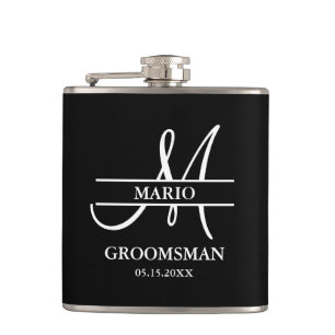 Custom Groomsman Best Man Wedding Monogram Black Hip Flask
