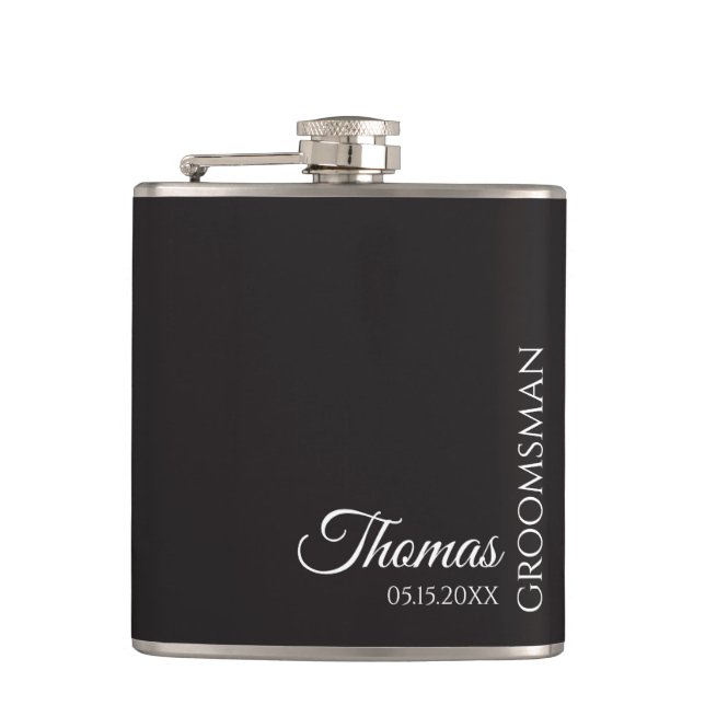 Custom Groomsman Best Man Wedding Monogram Black  Hip Flask (Front)