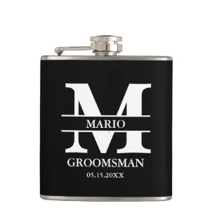 Custom Groomsman Best Man Wedding Monogram Black Hip Flask