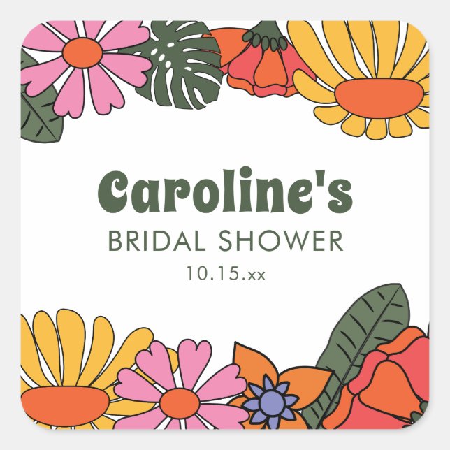 Custom Groovy Pink Orange Floral Bridal Shower  Square Sticker (Front)