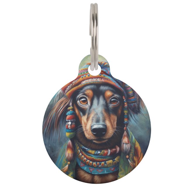 Custom Groovy Retro Hippie Dachshund Boho Pet Tag (Front)