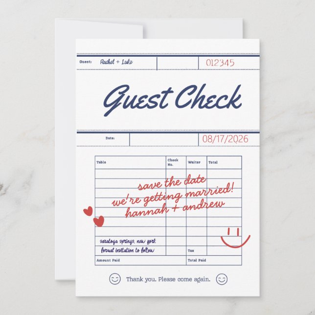 Custom Guest Check Wedding Save the Date Card (Front)
