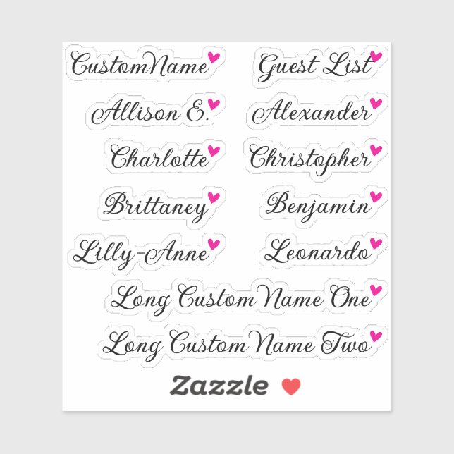 Custom Guest List 12 Names Calligraphy Pink Heart (Sheet)