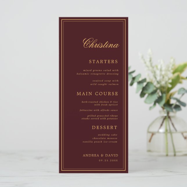 Custom Guest Name Burgundy Gold Place Card Menu (Standing Front)