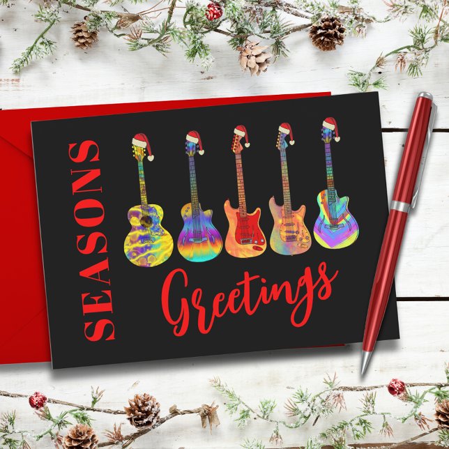 Custom Guitars in Santa Hats Seasons Greetings Holiday Postcard (Cool colorful Christmas guitars wearing Santa hats seasons greetings postcard black and red)
