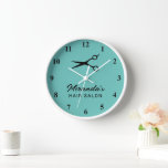 Custom hair salon wall clock with business name<br><div class="desc">Custom hair salon wall clock with business name. Personalised decor for hairdresser shop. Teal or custom colour. Wood clocks in white,  black and natural colours. Elegant design with professional barber scissors logo.</div>