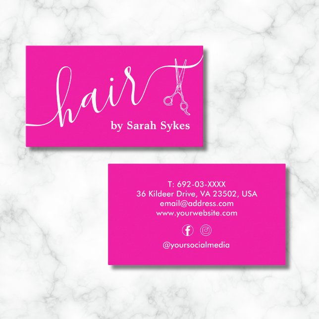Custom Hair Stylist Scissors Calligraphy Hot Pink Business Card (Creator Uploaded)