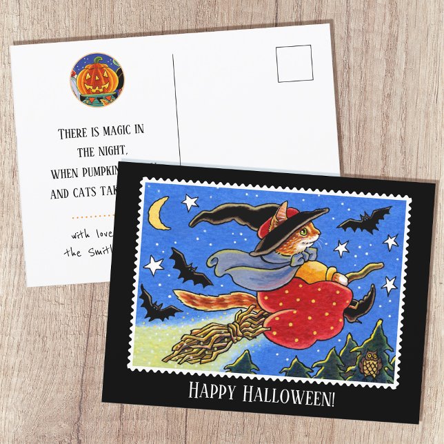 Custom Halloween Cat Witch Broomstick Postcard (Creator Uploaded)