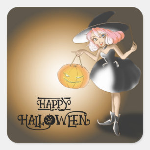 Custom Halloween Cute Spooky Whimsical WitchBrown Square Sticker