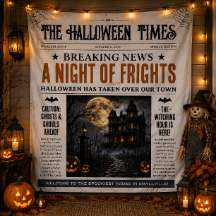 Custom Halloween Newspaper Banner, Vintage Spooky Tapestry