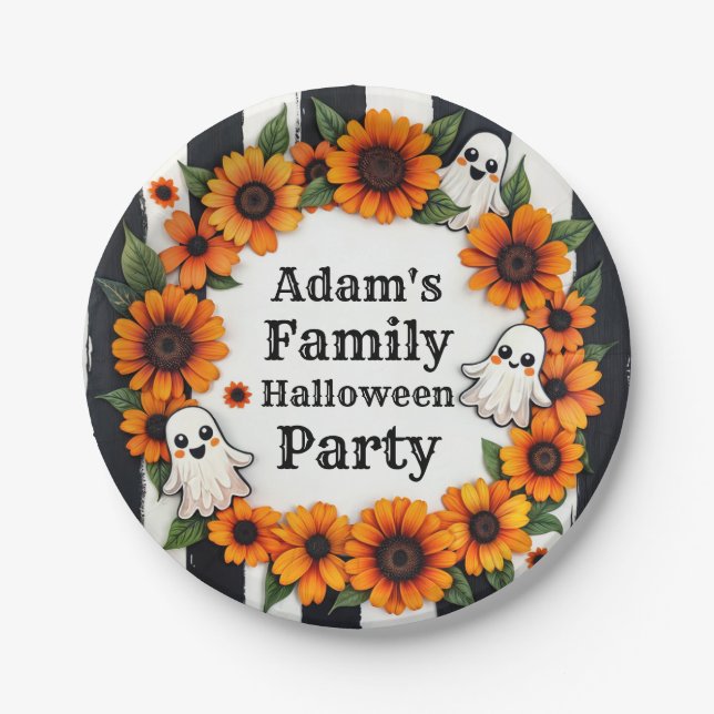 Custom Halloween Party - Personalised Ghost Floral Paper Plate (Front)