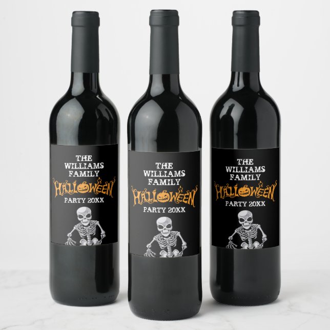 Custom Halloween Party Skeleton Black Wine Label (Bottles)