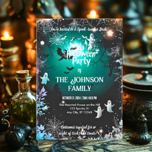Custom Halloween Party Spooky Ghosts & Teal Glow Invitation