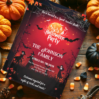 Custom Halloween Party with Bats & Red Moon Glow Invitation