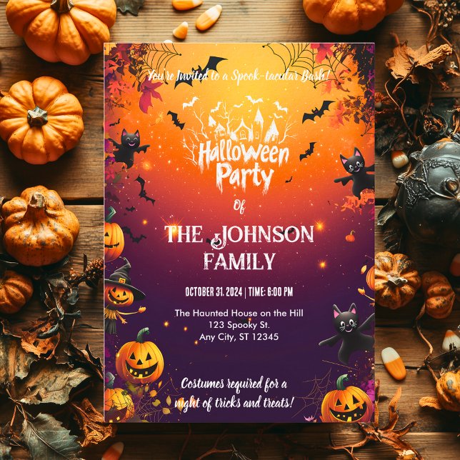 Custom Halloween Party with Black Cats & Pumpkins Invitation (Creator Uploaded)