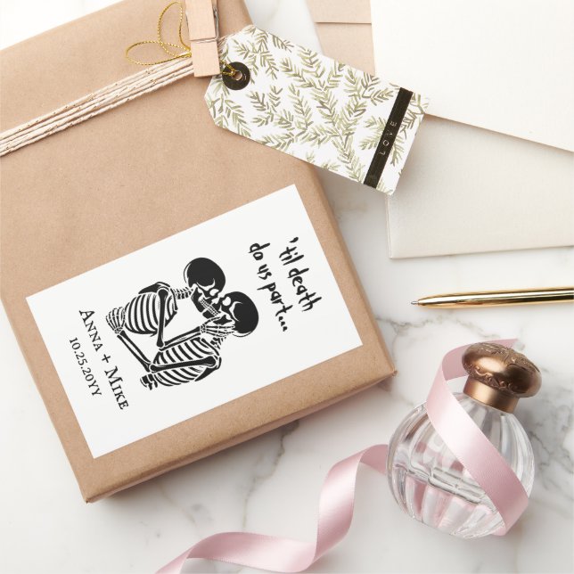 Custom Halloween Skeleton Black and White Wedding Rectangular Sticker (Gifting)
