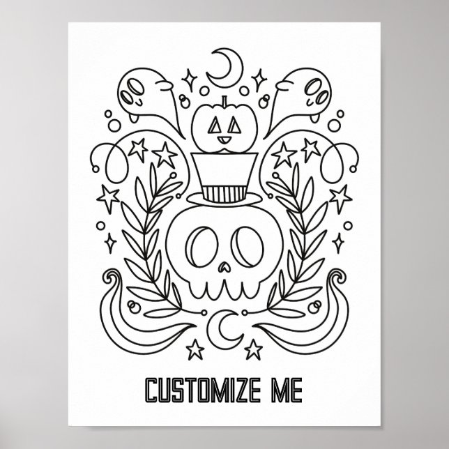 Custom Halloween Skull & Pumpkin Colouring Page Poster (Front)
