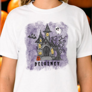 Custom Halloween Spooky Cute Haunted House Purple T-Shirt