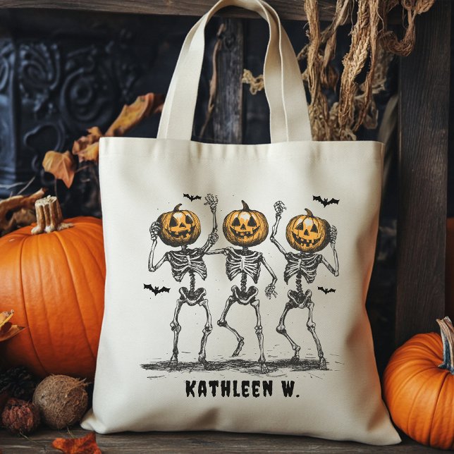 Custom Halloween Tote Bag, Trick or Treat Bag (Halloween tote bag, personalized Halloween bag, trick or treat bag, pumpkin head skeleton tote,)