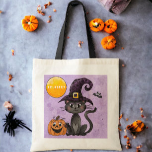 Custom Halloween Trick or Treat Black Cat Pumpkin Tote Bag
