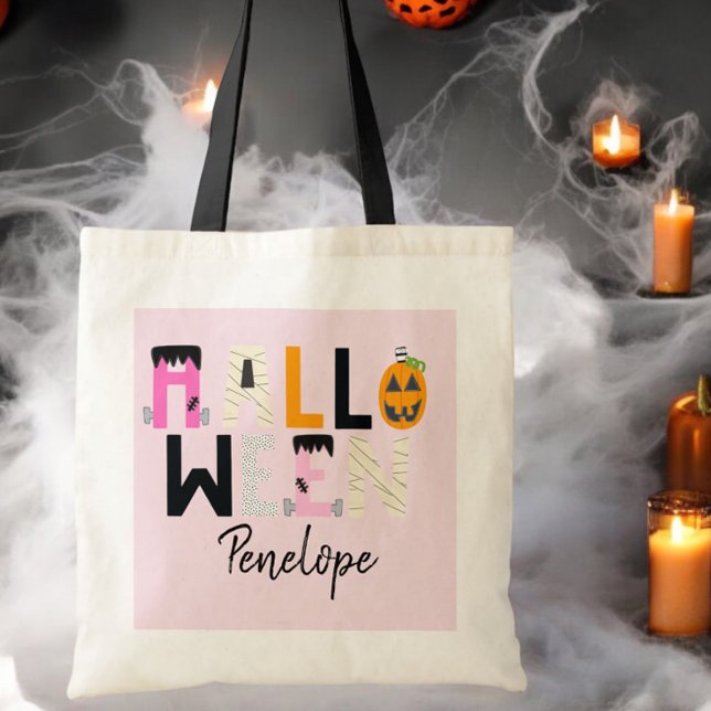 Custom Halloween Trick or Treat Pink Mummy Pumpkin Tote Bag (Creator Uploaded)