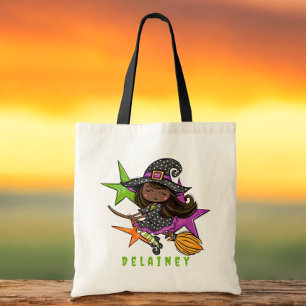 Custom Halloween Trick or Treat Witch Black Stars Tote Bag