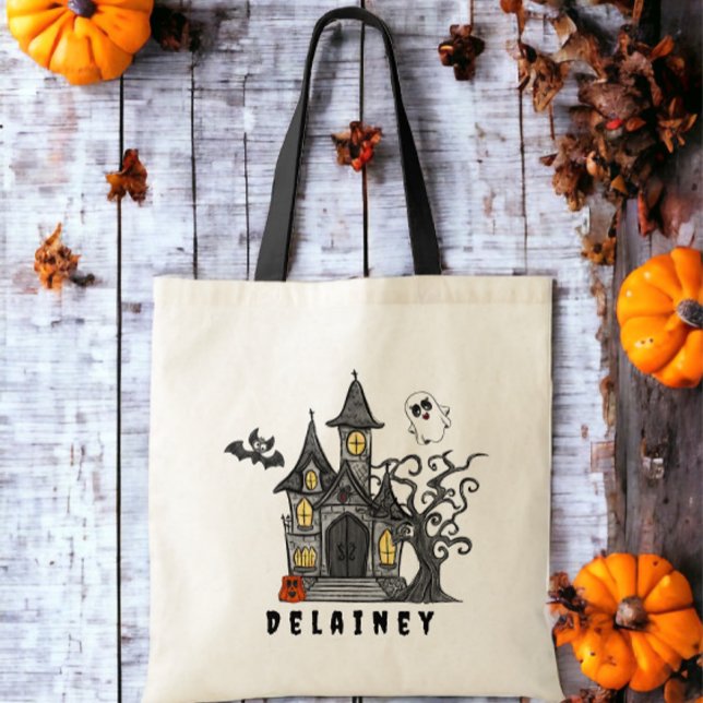Custom Halloween Trick Treat Haunted House Tote Bag (Creator Uploaded)
