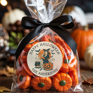 Custom Halloween Vintage Witch on Pumpkin Bats Classic Round Sticker