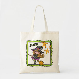 Custom Halloween Witch Girl on Broom with Stars Tote Bag