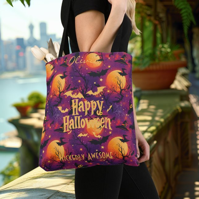 Custom Halloween with Witches, Bats, and Full Moon Tote Bag (Creator Uploaded)