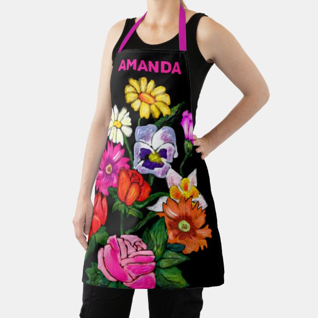 Custom hand drawn cute floral painting name print  apron (Insitu)