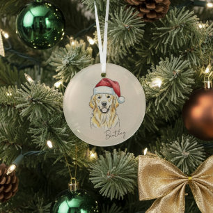Custom Hand Drawn Golden Retriever Portrait  Glass Tree Decoration