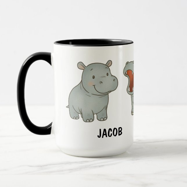 Custom Hand Drawn Hippo Cute Hippopotamus Coffee Mug (Left)