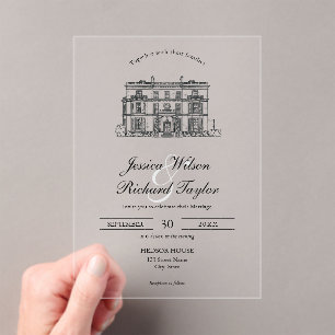 Custom Hand Drawn Venue Manor Illustration Wedding Acrylic Invitations