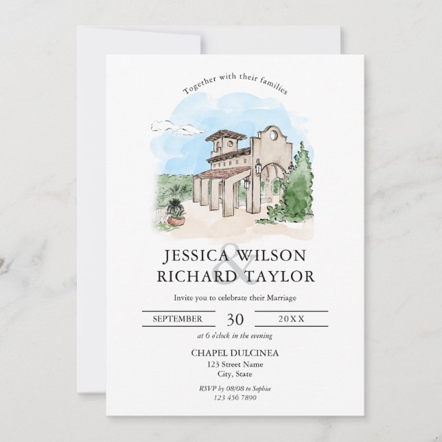 Custom Hand Drawn Venue Manor Illustration Wedding Invitation (Front)