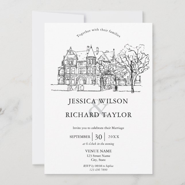 Custom Hand Drawn Venue Manor Illustration Wedding Invitation (Front)