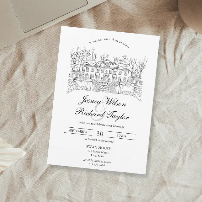Custom Hand Drawn Venue Manor Illustration Wedding Invitation | Zazzle