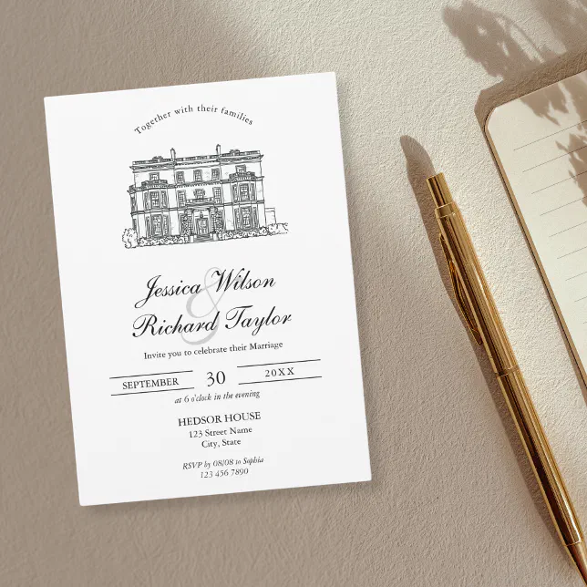 Custom Hand Drawn Venue Manor Illustration Wedding Invitation | Zazzle