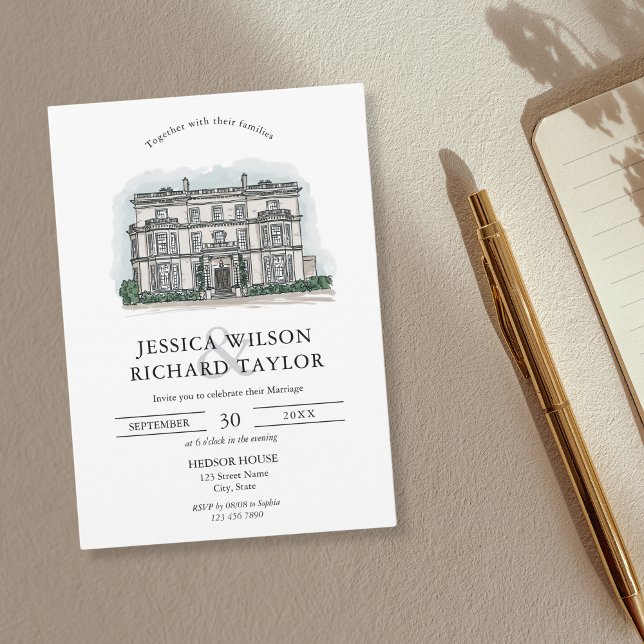 Custom Hand Drawn Venue Manor Illustration Wedding Invitation (Creator Uploaded)