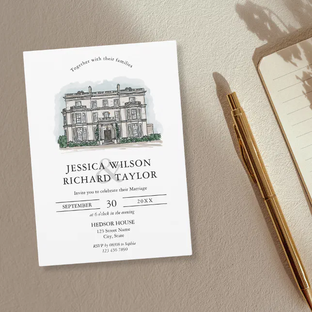 Custom Hand Drawn Venue Manor Illustration Wedding Invitation | Zazzle