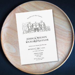 Custom Hand Drawn Venue Manor Illustration Wedding Invitation