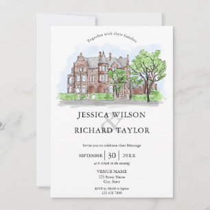 Custom Hand Drawn Venue Manor Illustration Wedding Invitation