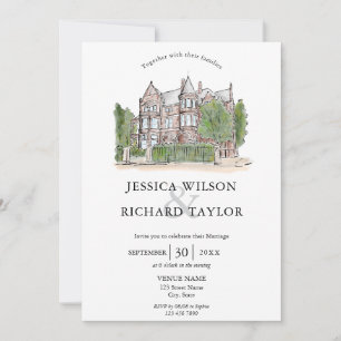 Custom Hand Drawn Venue Manor Illustration Wedding Invitation