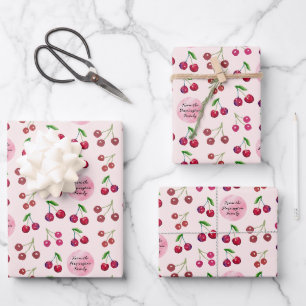 Custom Hand-Illustrated Cherries Pink Red Coquette Wrapping Paper Sheet