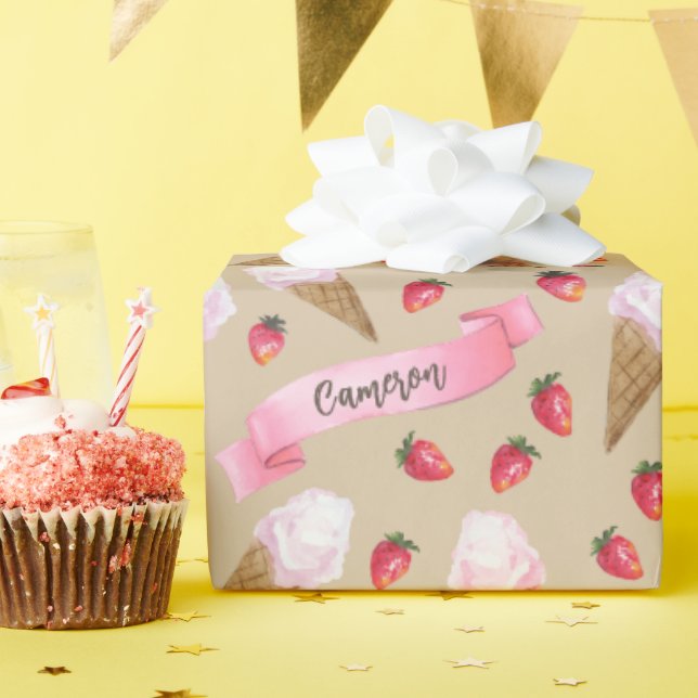 Custom Hand-Illustrated Strawberry Ice Cream Cone Wrapping Paper (Birthday Party)