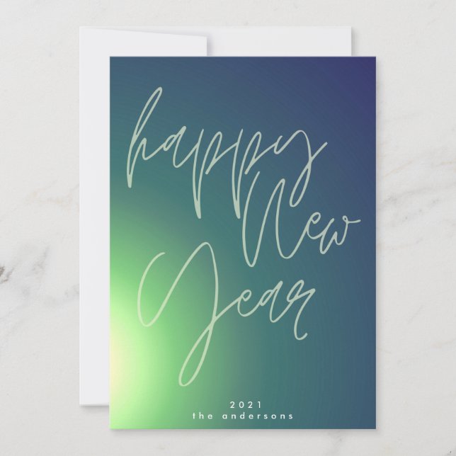 Custom Hand Written Happy New Year Gradient Photo Holiday Card (Front)