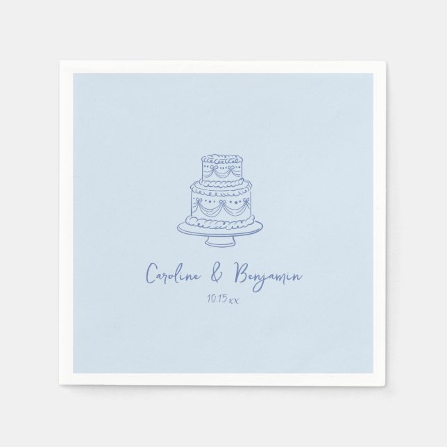 Custom Handwritten Cool Blue Doodle Wedding Cake Napkin (Front)