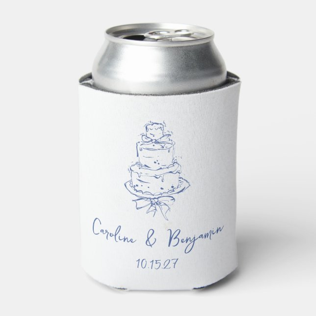 Custom Handwritten French Blue Doodle Wedding Cake Can Cooler (Can Front)