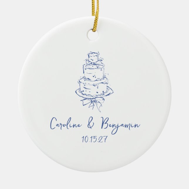Custom Handwritten French Blue Doodle Wedding Cake Ceramic Tree Decoration (Front)
