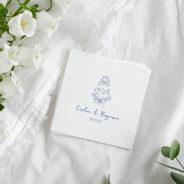 Custom Handwritten French Blue Doodle Wedding Cake Napkin (Creator Uploaded)
